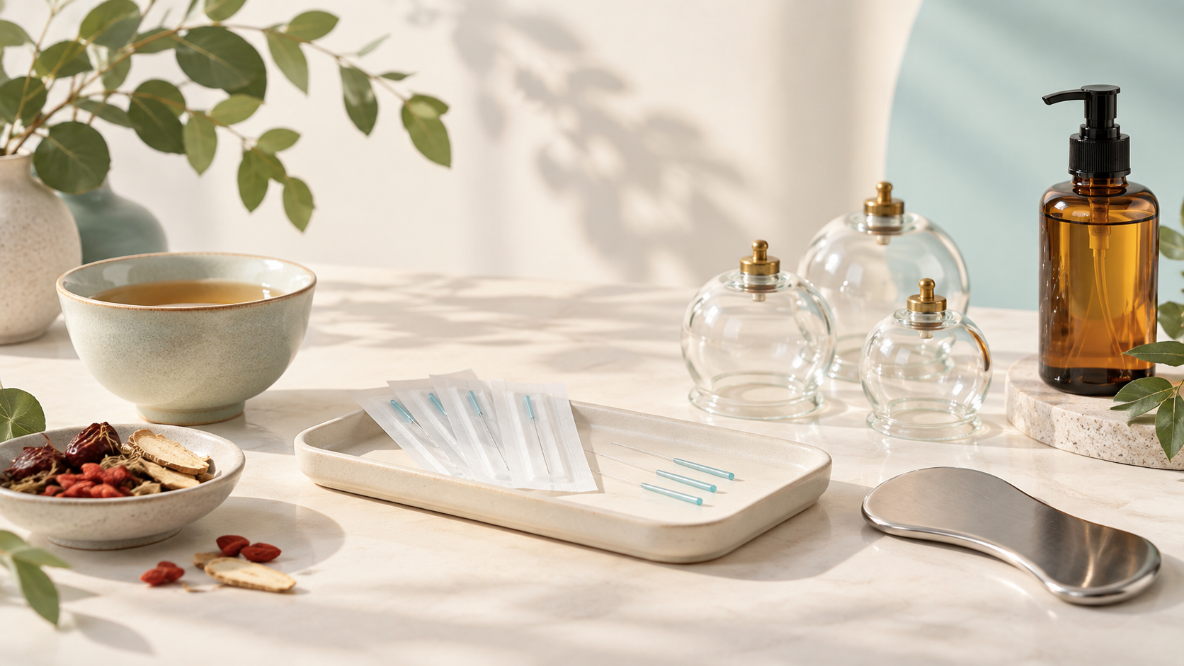 Glass cupping cups, acupuncture tools, tea and hands-on therapy equipment arranged in a warm clinical still life.